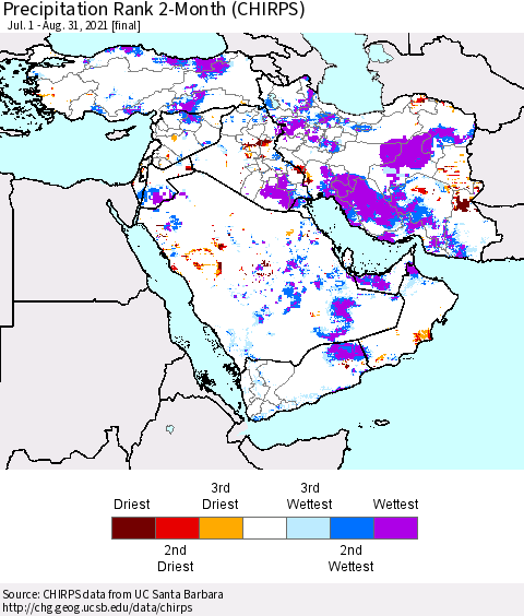 Middle East and Turkey Precipitation Rank since 1981, 2-Month (CHIRPS) Thematic Map For 7/1/2021 - 8/31/2021