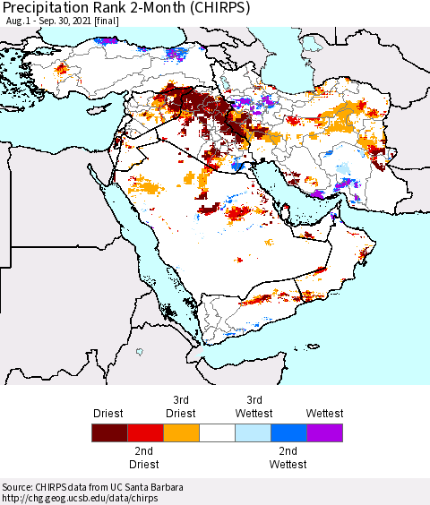 Middle East and Turkey Precipitation Rank since 1981, 2-Month (CHIRPS) Thematic Map For 8/1/2021 - 9/30/2021