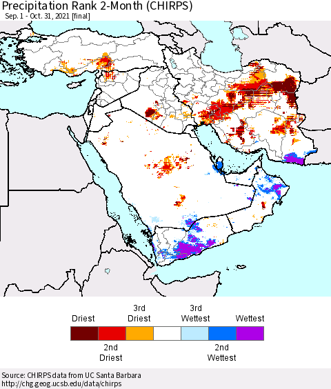 Middle East and Turkey Precipitation Rank since 1981, 2-Month (CHIRPS) Thematic Map For 9/1/2021 - 10/31/2021