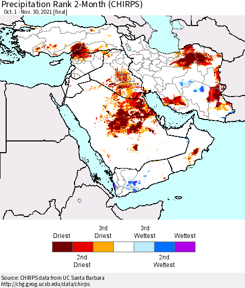 Middle East and Turkey Precipitation Rank since 1981, 2-Month (CHIRPS) Thematic Map For 10/1/2021 - 11/30/2021