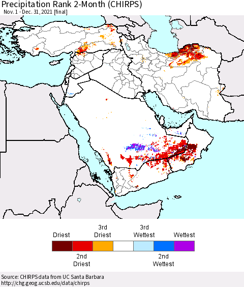 Middle East and Turkey Precipitation Rank since 1981, 2-Month (CHIRPS) Thematic Map For 11/1/2021 - 12/31/2021