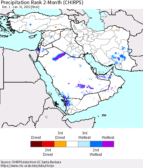 Middle East and Turkey Precipitation Rank since 1981, 2-Month (CHIRPS) Thematic Map For 12/1/2021 - 1/31/2022