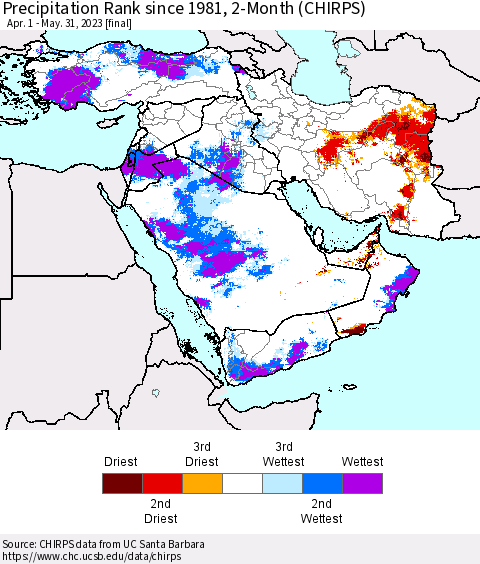 Middle East and Turkey Precipitation Rank since 1981, 2-Month (CHIRPS) Thematic Map For 4/1/2023 - 5/31/2023