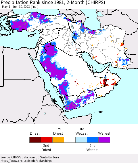 Middle East and Turkey Precipitation Rank since 1981, 2-Month (CHIRPS) Thematic Map For 5/1/2023 - 6/30/2023