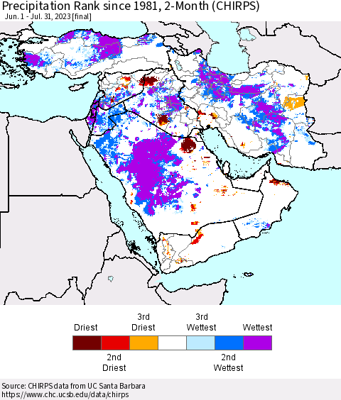 Middle East and Turkey Precipitation Rank since 1981, 2-Month (CHIRPS) Thematic Map For 6/1/2023 - 7/31/2023