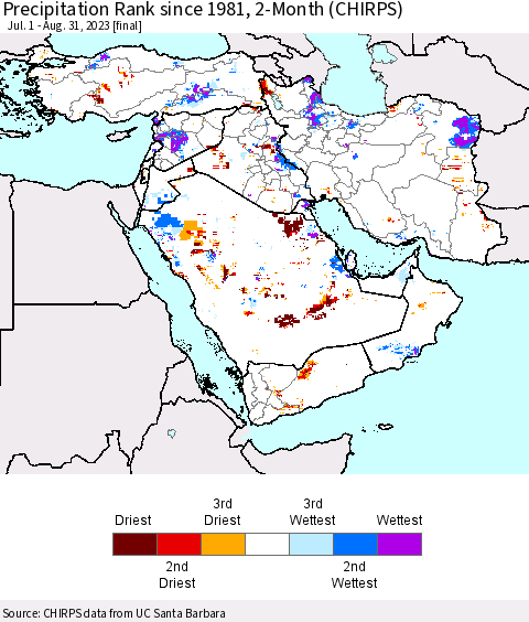 Middle East and Turkey Precipitation Rank since 1981, 2-Month (CHIRPS) Thematic Map For 7/1/2023 - 8/31/2023