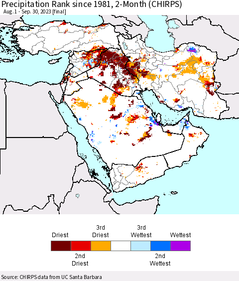Middle East and Turkey Precipitation Rank since 1981, 2-Month (CHIRPS) Thematic Map For 8/1/2023 - 9/30/2023
