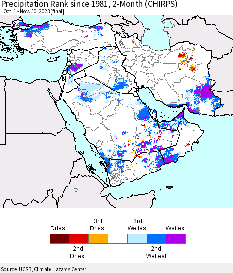 Middle East and Turkey Precipitation Rank since 1981, 2-Month (CHIRPS) Thematic Map For 10/1/2023 - 11/30/2023