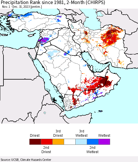 Middle East and Turkey Precipitation Rank since 1981, 2-Month (CHIRPS) Thematic Map For 11/1/2023 - 12/31/2023
