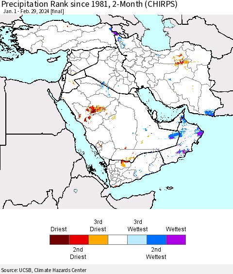 Middle East and Turkey Precipitation Rank since 1981, 2-Month (CHIRPS) Thematic Map For 1/1/2024 - 2/29/2024
