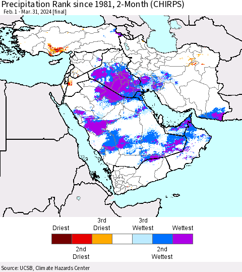 Middle East and Turkey Precipitation Rank since 1981, 2-Month (CHIRPS) Thematic Map For 2/1/2024 - 3/31/2024