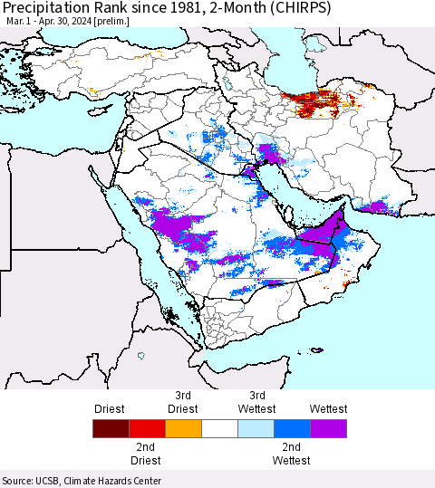 Middle East and Turkey Precipitation Rank since 1981, 2-Month (CHIRPS) Thematic Map For 3/1/2024 - 4/30/2024