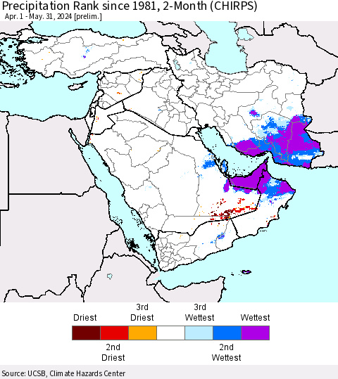 Middle East and Turkey Precipitation Rank since 1981, 2-Month (CHIRPS) Thematic Map For 4/1/2024 - 5/31/2024