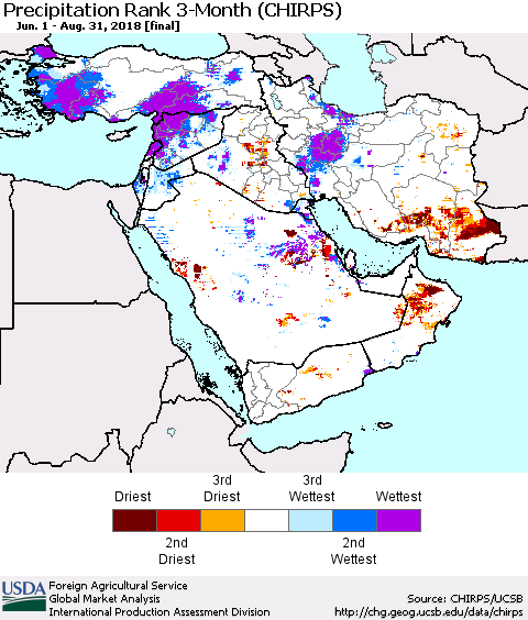 Middle East and Turkey Precipitation Rank since 1981, 3-Month (CHIRPS) Thematic Map For 6/1/2018 - 8/31/2018