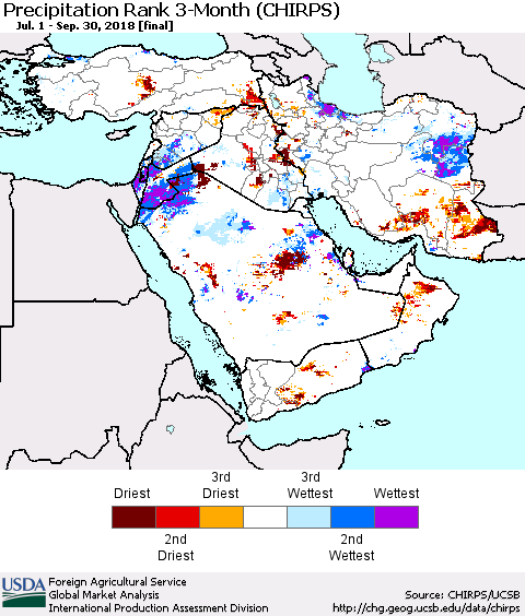 Middle East and Turkey Precipitation Rank since 1981, 3-Month (CHIRPS) Thematic Map For 7/1/2018 - 9/30/2018
