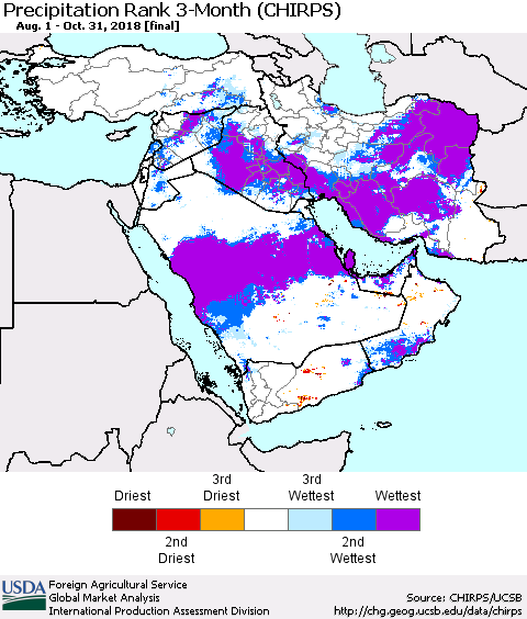 Middle East and Turkey Precipitation Rank since 1981, 3-Month (CHIRPS) Thematic Map For 8/1/2018 - 10/31/2018