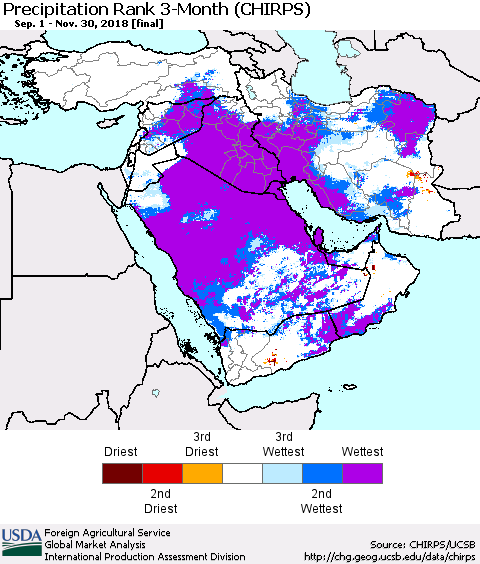 Middle East and Turkey Precipitation Rank since 1981, 3-Month (CHIRPS) Thematic Map For 9/1/2018 - 11/30/2018