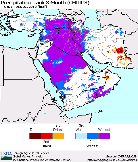 Middle East and Turkey Precipitation Rank since 1981, 3-Month (CHIRPS) Thematic Map For 10/1/2018 - 12/31/2018