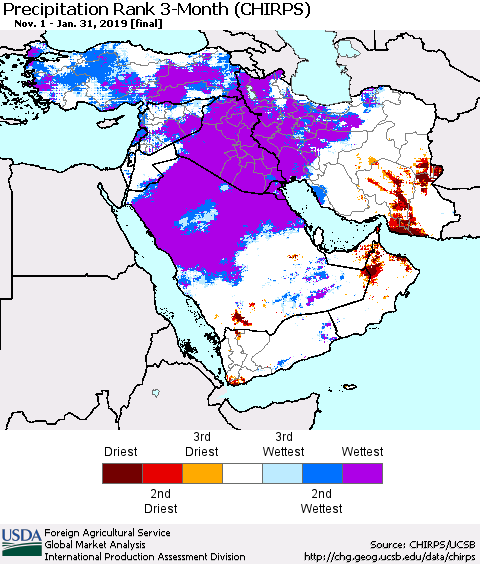 Middle East and Turkey Precipitation Rank since 1981, 3-Month (CHIRPS) Thematic Map For 11/1/2018 - 1/31/2019