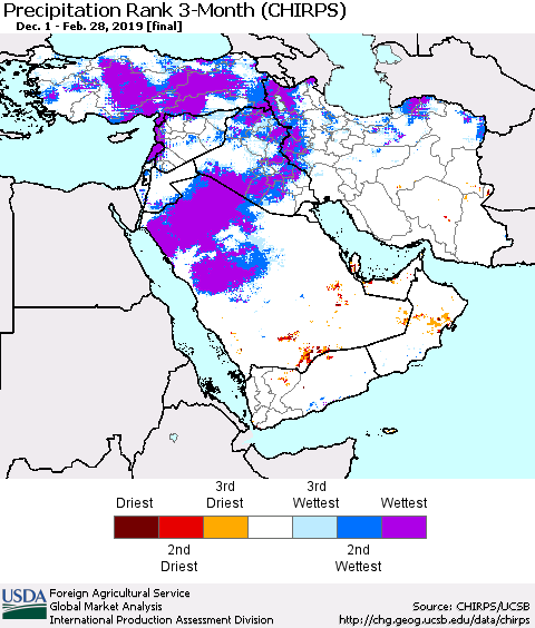Middle East and Turkey Precipitation Rank since 1981, 3-Month (CHIRPS) Thematic Map For 12/1/2018 - 2/28/2019