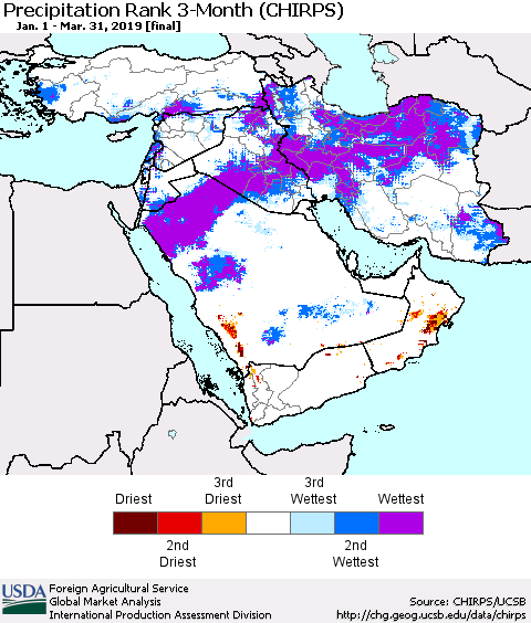 Middle East and Turkey Precipitation Rank since 1981, 3-Month (CHIRPS) Thematic Map For 1/1/2019 - 3/31/2019