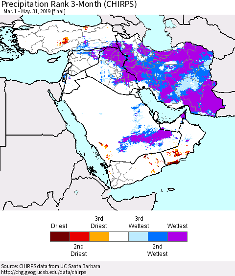 Middle East and Turkey Precipitation Rank since 1981, 3-Month (CHIRPS) Thematic Map For 3/1/2019 - 5/31/2019