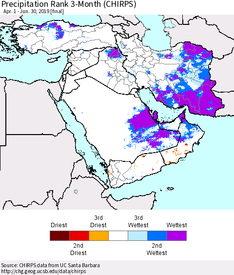 Middle East and Turkey Precipitation Rank since 1981, 3-Month (CHIRPS) Thematic Map For 4/1/2019 - 6/30/2019