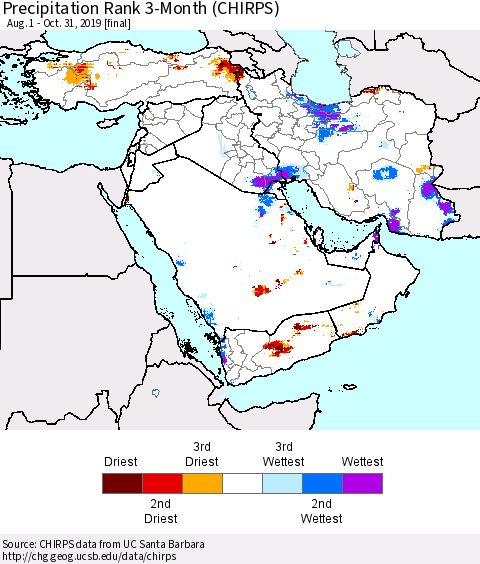 Middle East and Turkey Precipitation Rank since 1981, 3-Month (CHIRPS) Thematic Map For 8/1/2019 - 10/31/2019