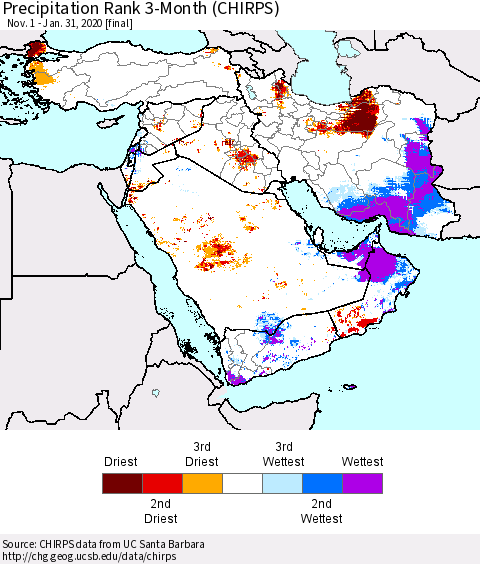 Middle East and Turkey Precipitation Rank since 1981, 3-Month (CHIRPS) Thematic Map For 11/1/2019 - 1/31/2020