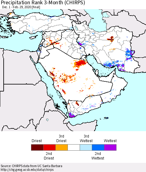Middle East and Turkey Precipitation Rank since 1981, 3-Month (CHIRPS) Thematic Map For 12/1/2019 - 2/29/2020