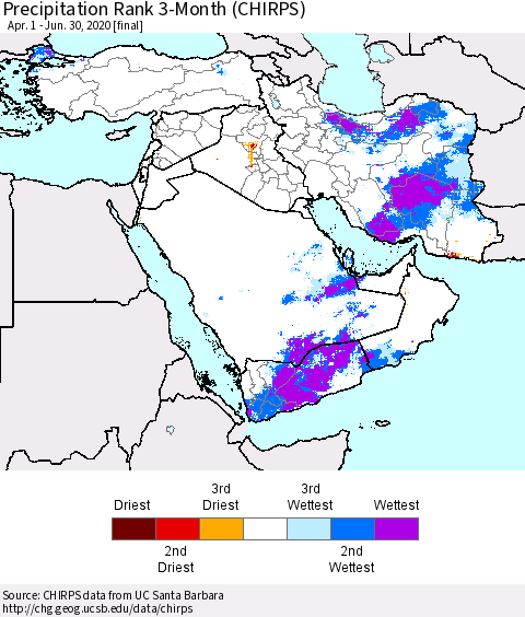Middle East and Turkey Precipitation Rank since 1981, 3-Month (CHIRPS) Thematic Map For 4/1/2020 - 6/30/2020