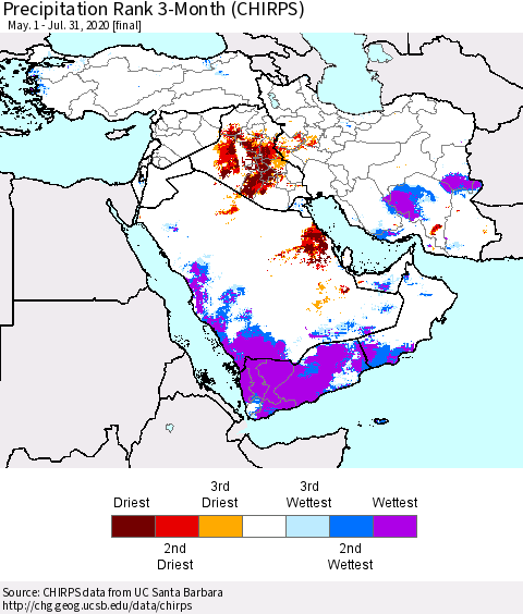 Middle East and Turkey Precipitation Rank since 1981, 3-Month (CHIRPS) Thematic Map For 5/1/2020 - 7/31/2020