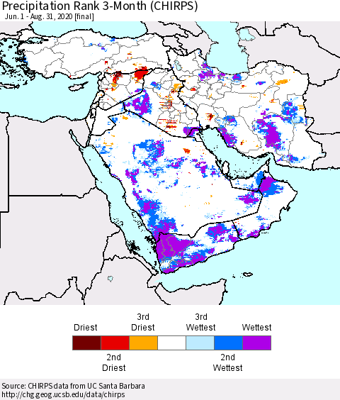 Middle East and Turkey Precipitation Rank since 1981, 3-Month (CHIRPS) Thematic Map For 6/1/2020 - 8/31/2020