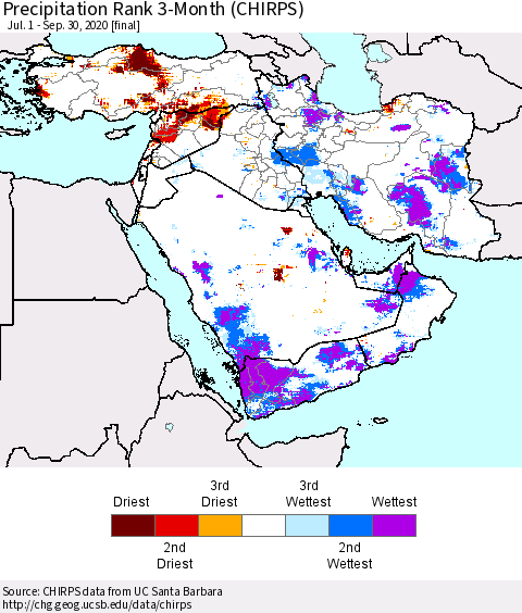 Middle East and Turkey Precipitation Rank since 1981, 3-Month (CHIRPS) Thematic Map For 7/1/2020 - 9/30/2020