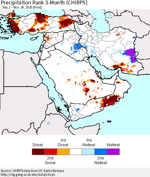 Middle East and Turkey Precipitation Rank since 1981, 3-Month (CHIRPS) Thematic Map For 9/1/2020 - 11/30/2020
