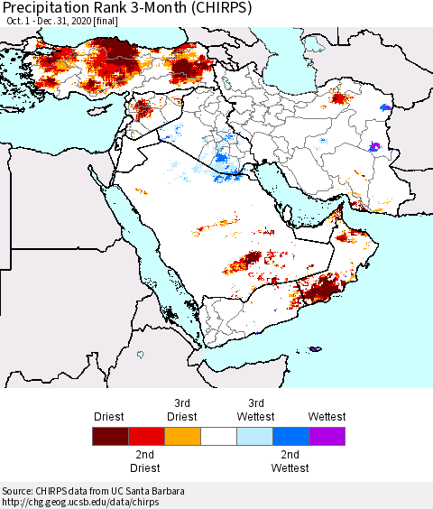 Middle East and Turkey Precipitation Rank since 1981, 3-Month (CHIRPS) Thematic Map For 10/1/2020 - 12/31/2020