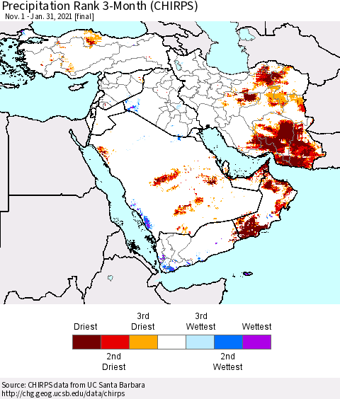 Middle East and Turkey Precipitation Rank since 1981, 3-Month (CHIRPS) Thematic Map For 11/1/2020 - 1/31/2021
