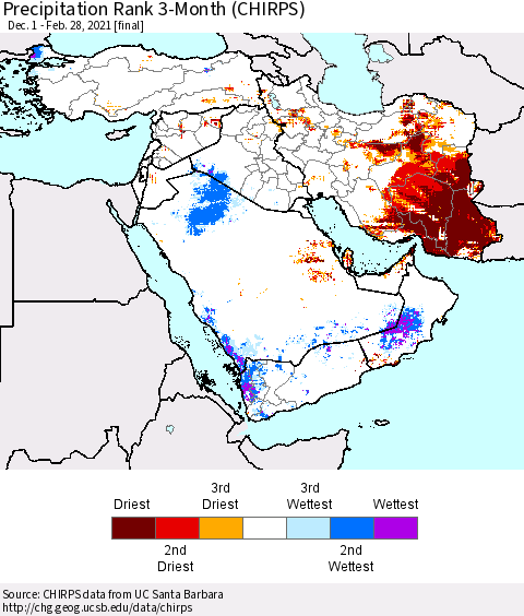 Middle East and Turkey Precipitation Rank since 1981, 3-Month (CHIRPS) Thematic Map For 12/1/2020 - 2/28/2021