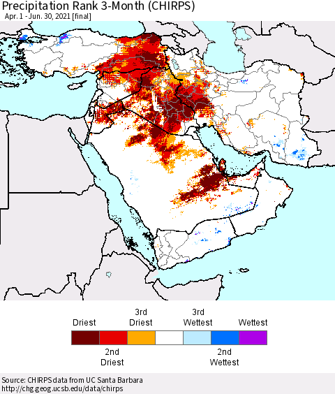 Middle East and Turkey Precipitation Rank since 1981, 3-Month (CHIRPS) Thematic Map For 4/1/2021 - 6/30/2021