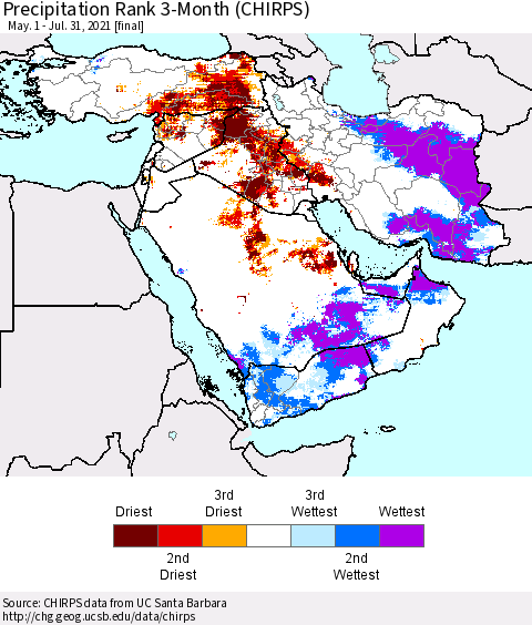 Middle East and Turkey Precipitation Rank since 1981, 3-Month (CHIRPS) Thematic Map For 5/1/2021 - 7/31/2021