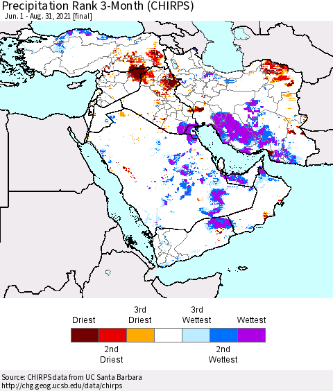 Middle East and Turkey Precipitation Rank since 1981, 3-Month (CHIRPS) Thematic Map For 6/1/2021 - 8/31/2021