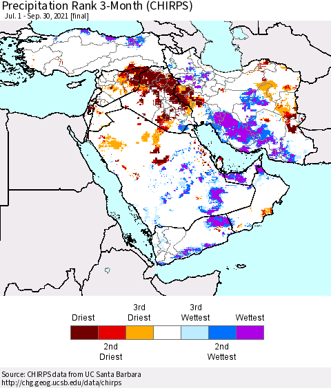 Middle East and Turkey Precipitation Rank since 1981, 3-Month (CHIRPS) Thematic Map For 7/1/2021 - 9/30/2021