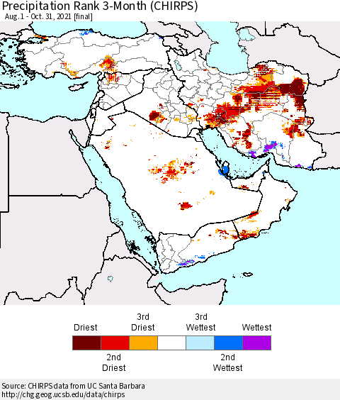 Middle East and Turkey Precipitation Rank since 1981, 3-Month (CHIRPS) Thematic Map For 8/1/2021 - 10/31/2021