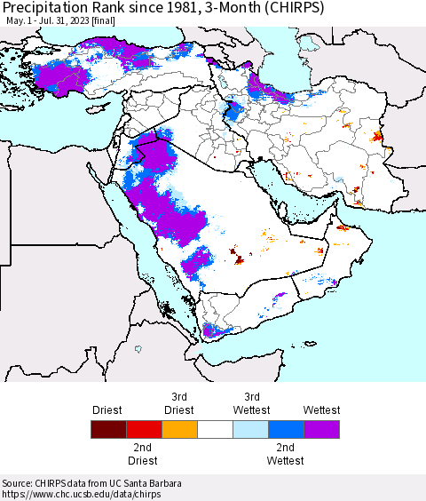 Middle East and Turkey Precipitation Rank since 1981, 3-Month (CHIRPS) Thematic Map For 5/1/2023 - 7/31/2023