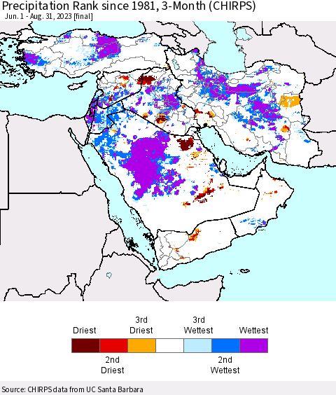 Middle East and Turkey Precipitation Rank since 1981, 3-Month (CHIRPS) Thematic Map For 6/1/2023 - 8/31/2023