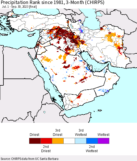 Middle East and Turkey Precipitation Rank since 1981, 3-Month (CHIRPS) Thematic Map For 7/1/2023 - 9/30/2023