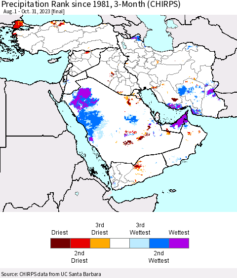 Middle East and Turkey Precipitation Rank since 1981, 3-Month (CHIRPS) Thematic Map For 8/1/2023 - 10/31/2023