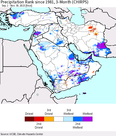 Middle East and Turkey Precipitation Rank since 1981, 3-Month (CHIRPS) Thematic Map For 9/1/2023 - 11/30/2023