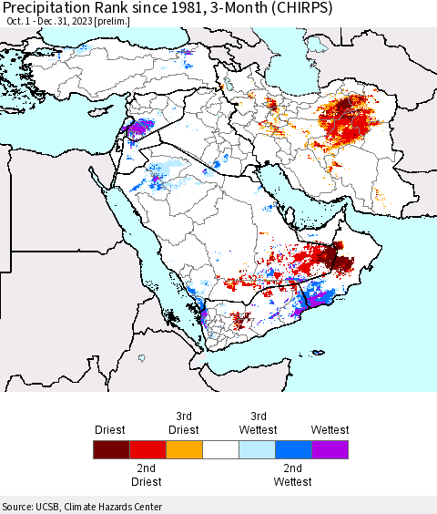 Middle East and Turkey Precipitation Rank since 1981, 3-Month (CHIRPS) Thematic Map For 10/1/2023 - 12/31/2023