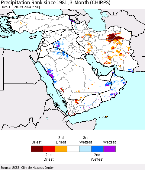 Middle East and Turkey Precipitation Rank since 1981, 3-Month (CHIRPS) Thematic Map For 12/1/2023 - 2/29/2024